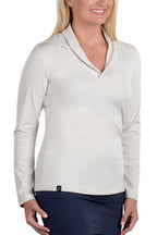 Woman Wearing SwingDish Melanie Collared Hoodie - Cream Product View 4