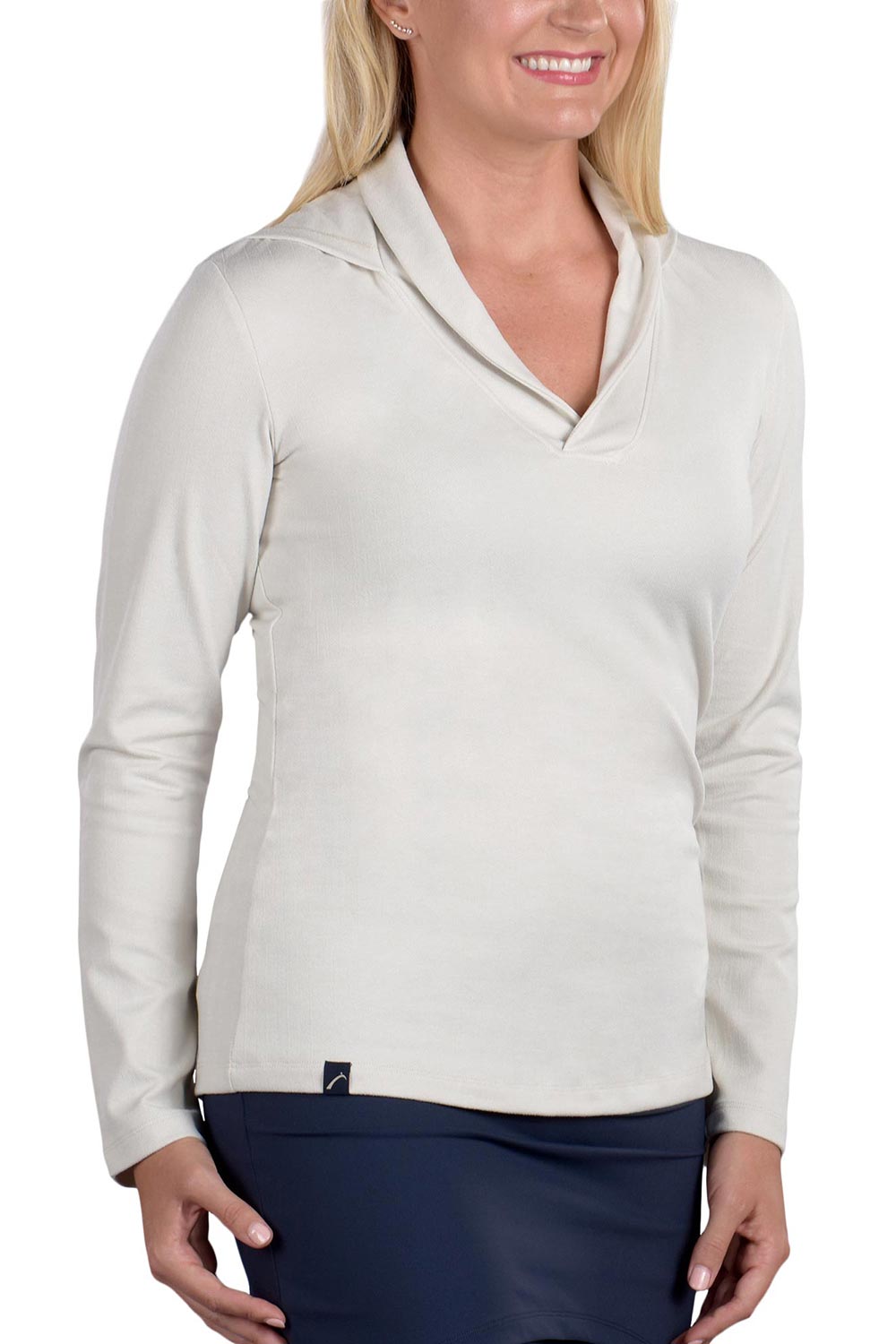 Woman Wearing SwingDish Melanie Collared Hoodie - Cream Product View 4