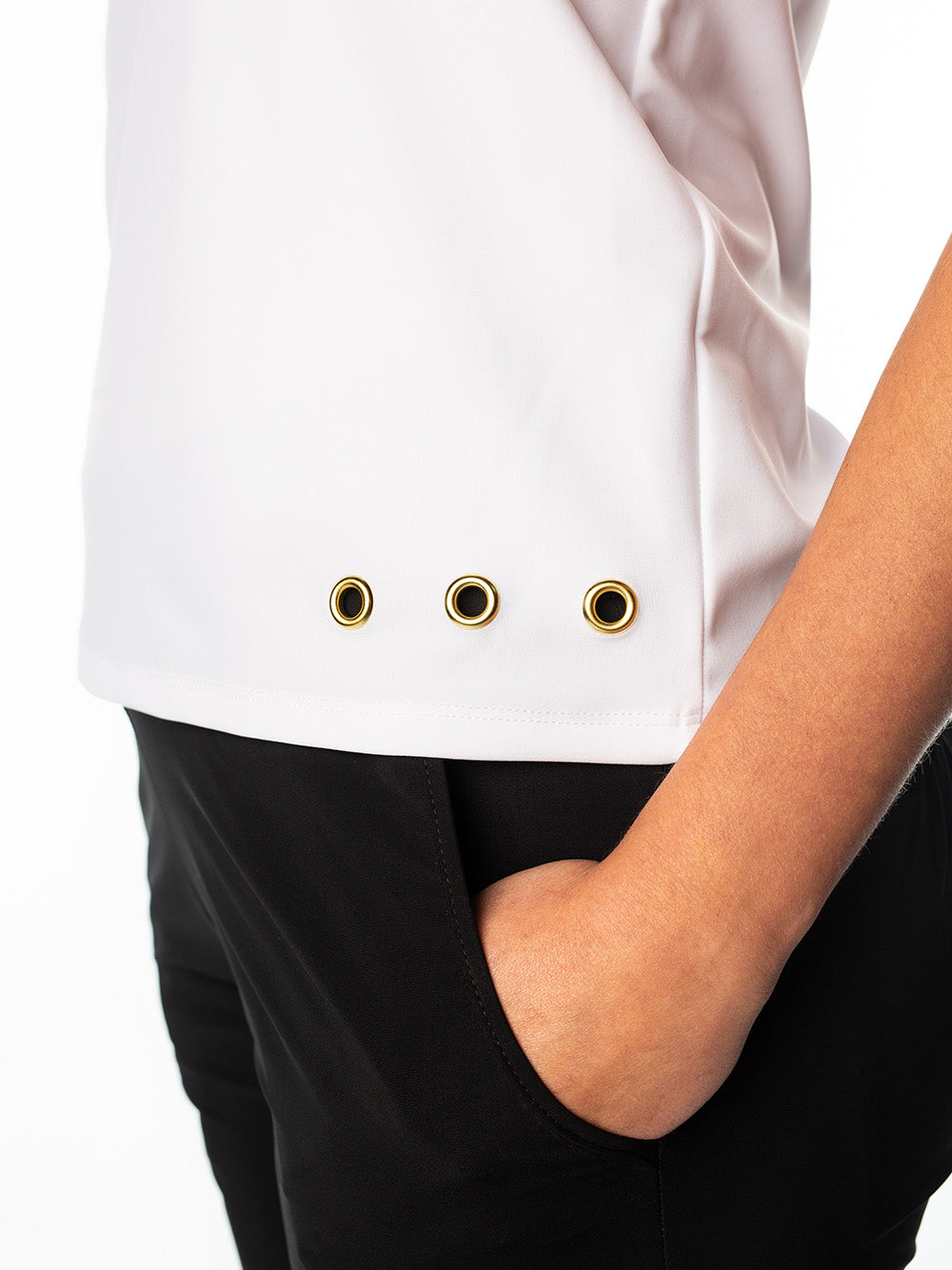 Woman Wearing SwingDish Polly White Sleeveless Polo Product View 3