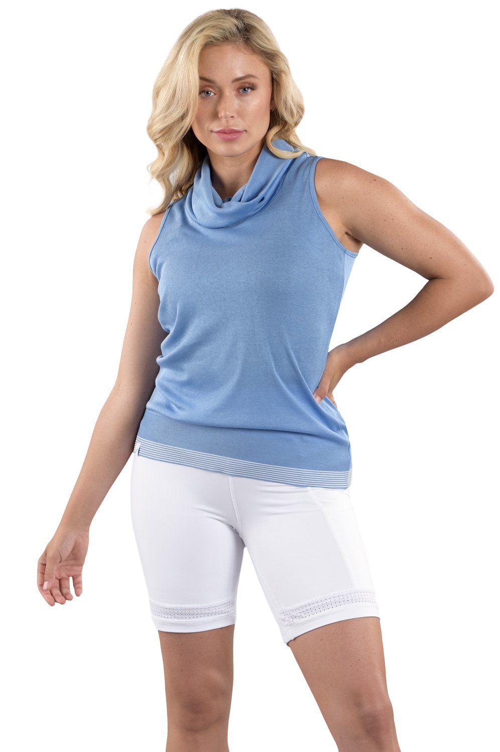Woman Wearing SwingDish Abigail Blue Top Product View 1