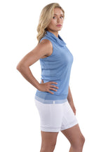 Woman Wearing SwingDish Abigail Blue Top Product View 4