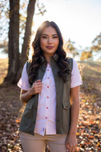 Woman Wearing SwingDish Amari Kaki Vest Product View 7