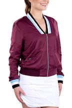 Berlin Mulberry Bomber Jacket Front View | Women's Maroon Jacket | SwingDish