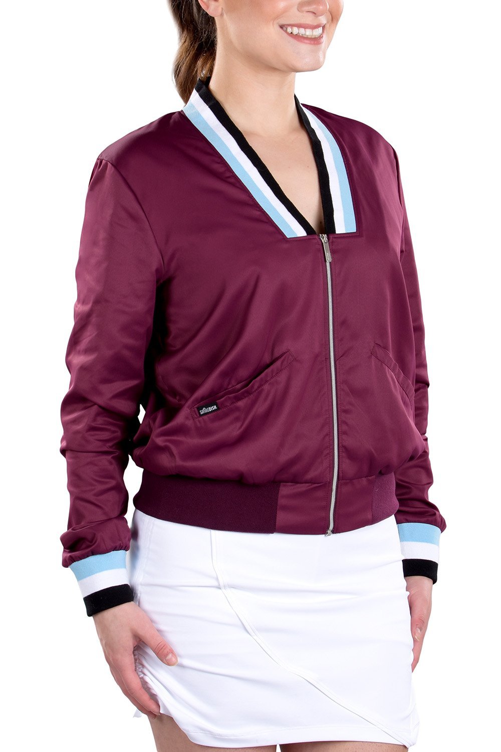 Berlin Mulberry Bomber Jacket Front View | Women's Maroon Jacket | SwingDish