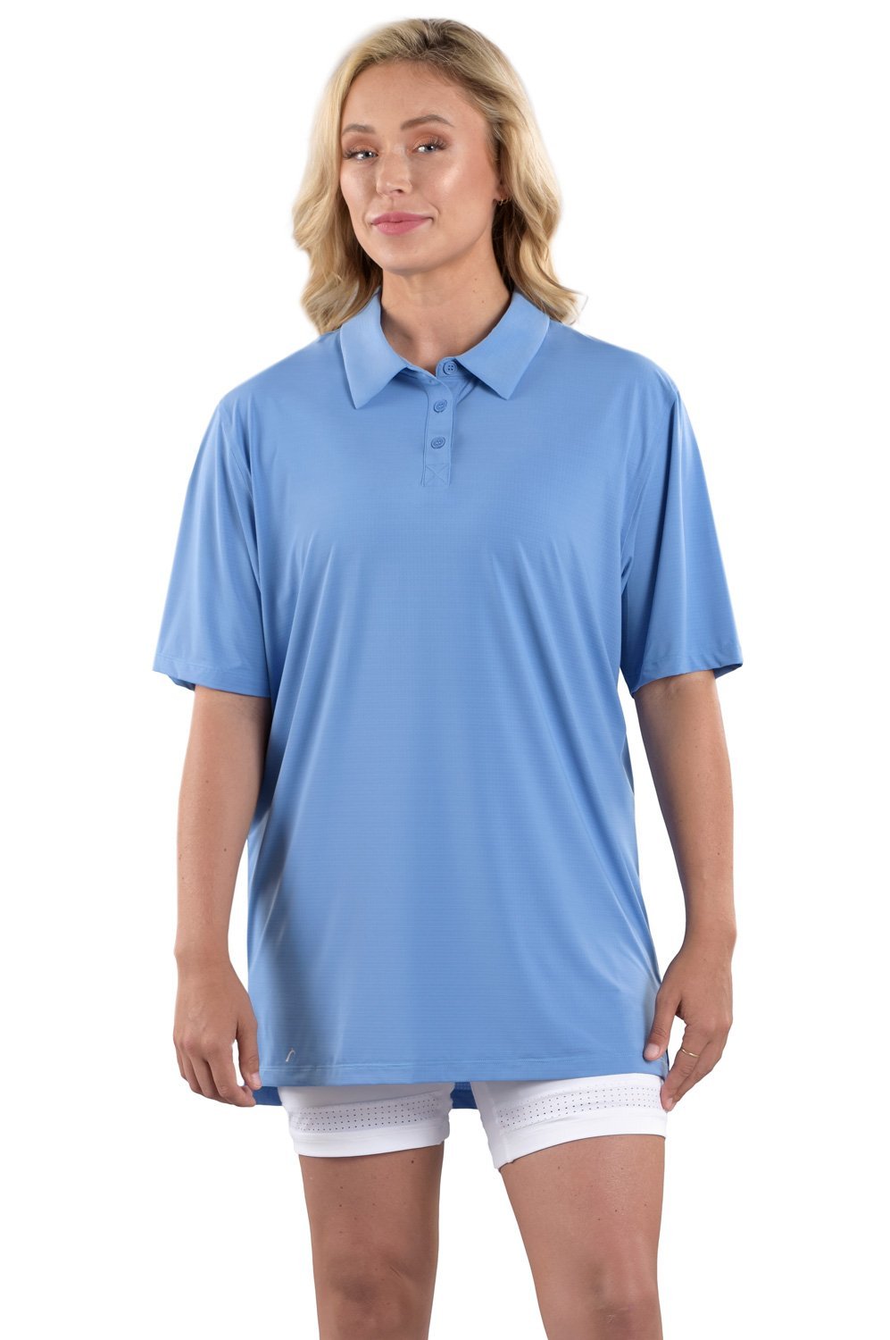 Woman Wearing SwingDish Boyfriend Polo Blue Product View 3