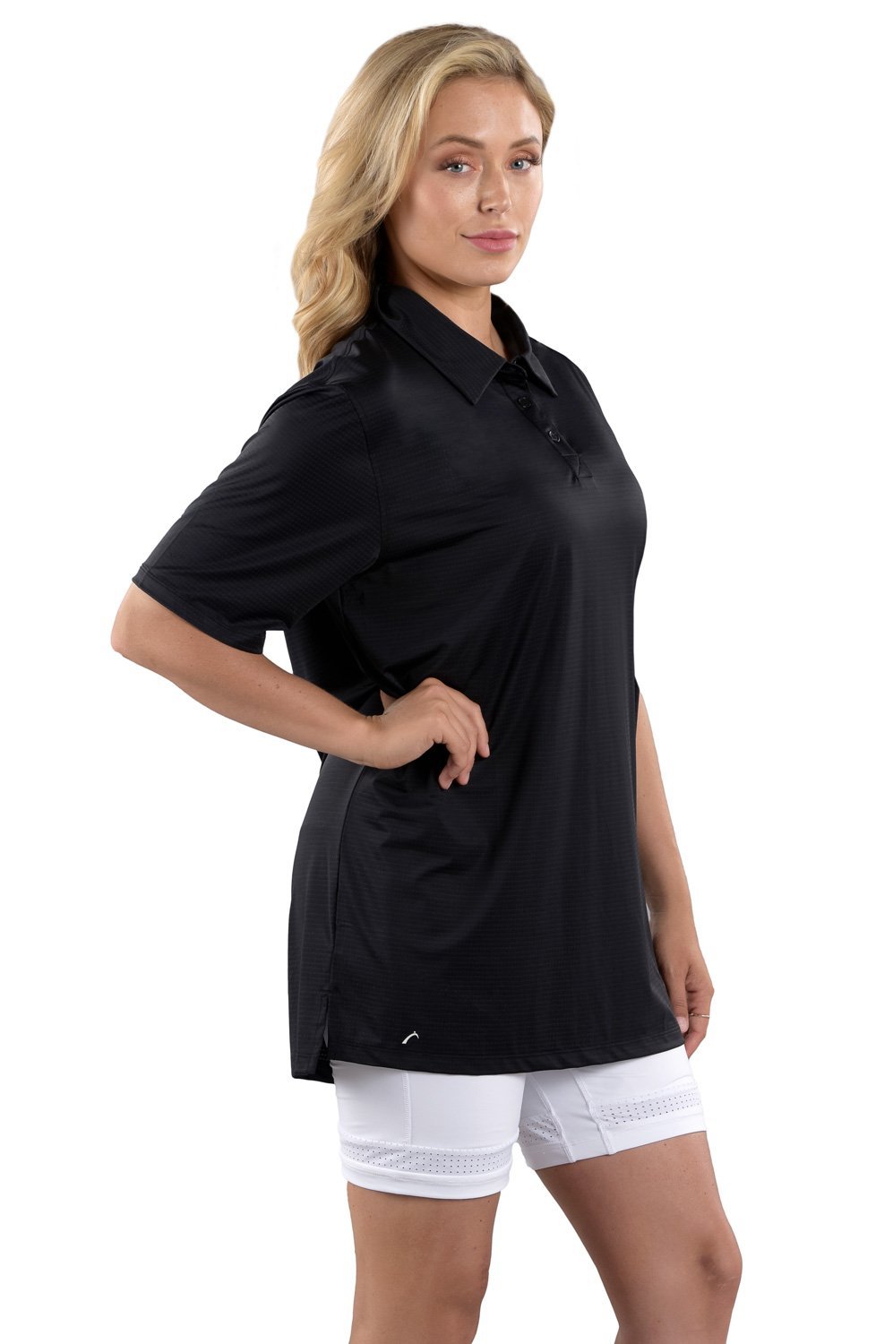 Woman Wearing SwingDish Boyfriend Polo Black Product View 3
