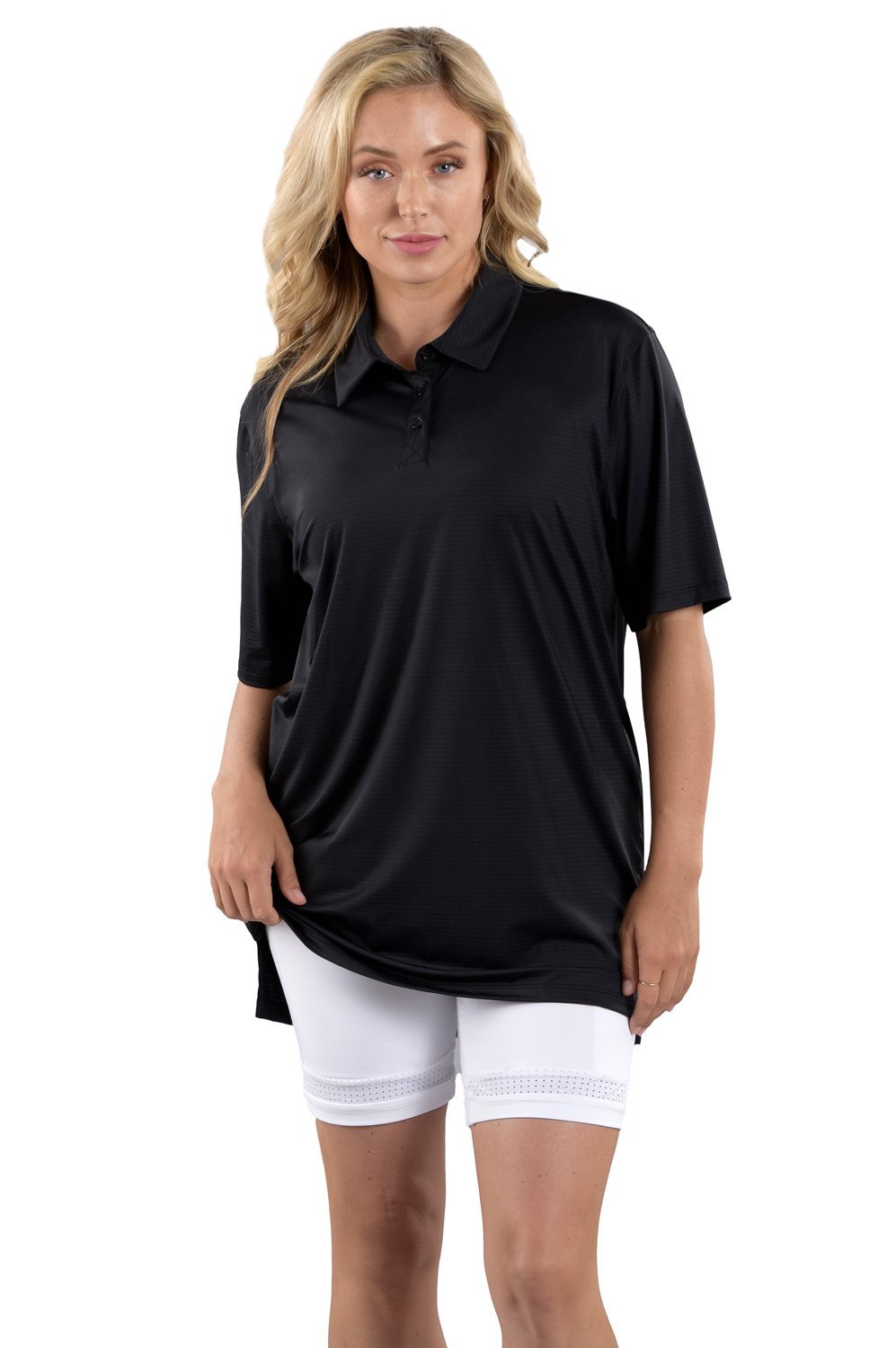 Woman Wearing SwingDish Boyfriend Polo Black Product View 1