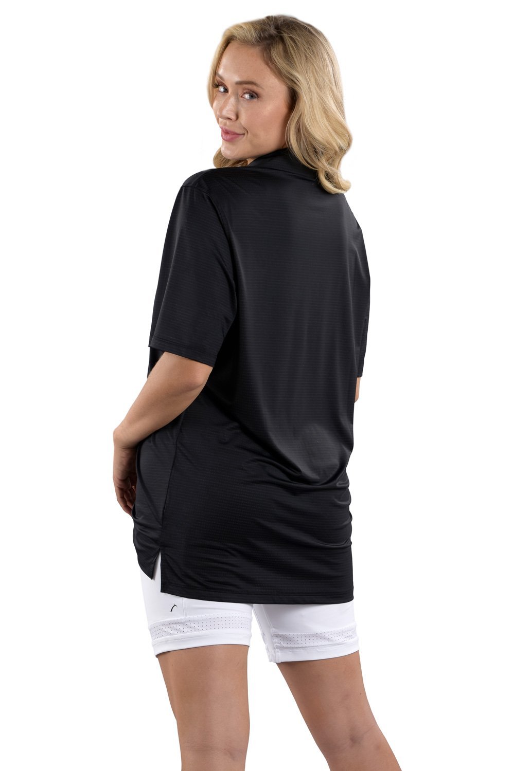 Woman Wearing SwingDish Boyfriend Polo Black Product View 2