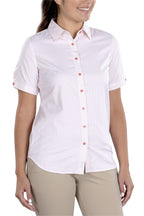 Woman Wearing SwingDish Caitlyn Dusty Pink Stretch Button Up Short Sleeve Product View 1