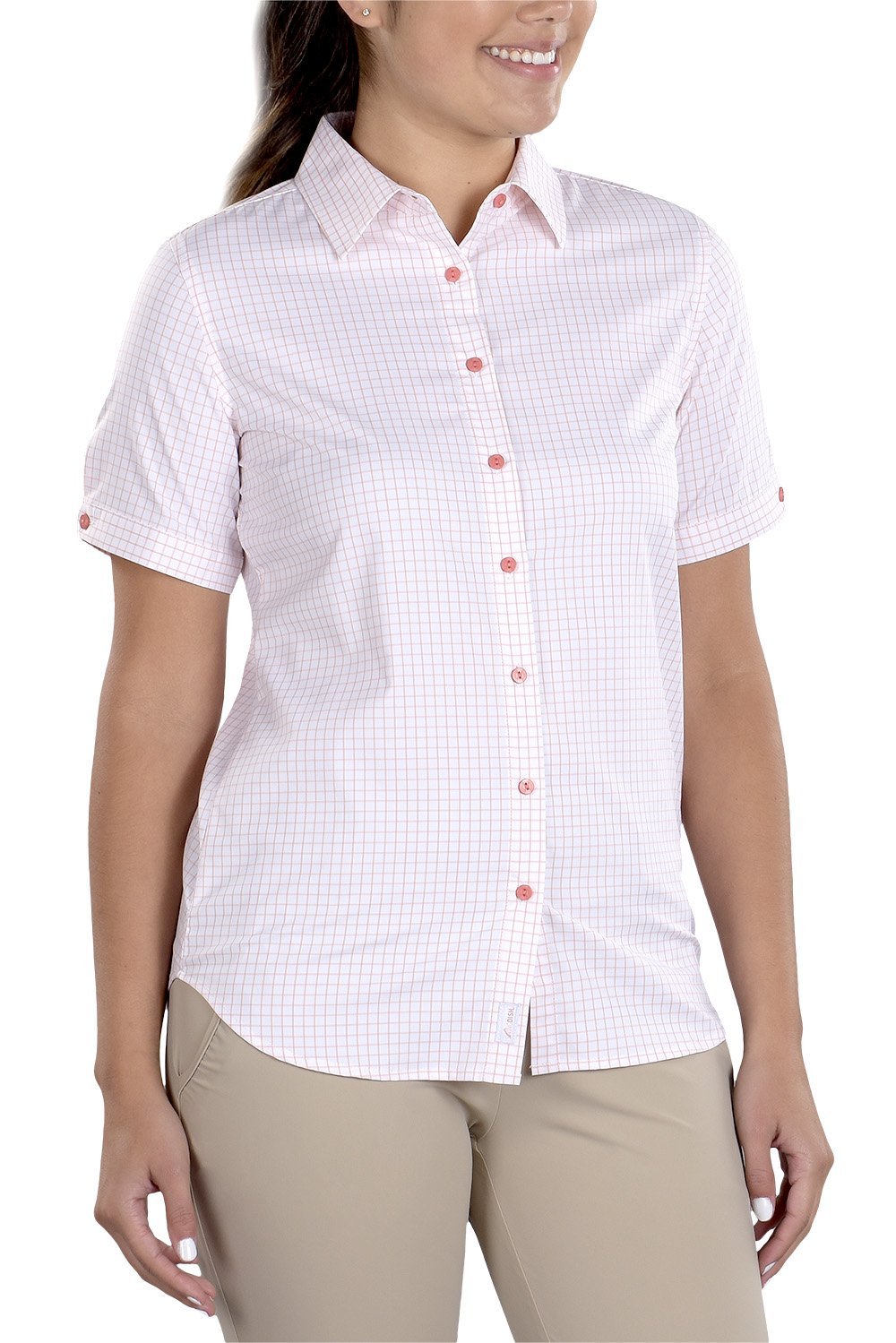 Woman Wearing SwingDish Caitlyn Dusty Pink Stretch Button Up Short Sleeve Product View 1
