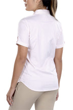 Woman Wearing SwingDish Caitlyn Dusty Pink Stretch Button Up Short Sleeve Product View 2