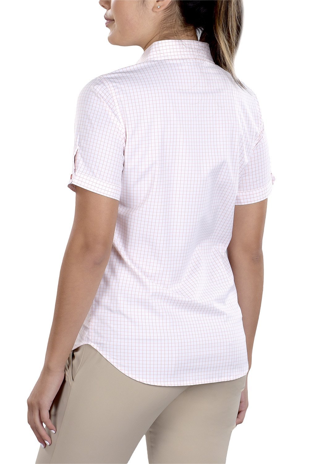 Woman Wearing SwingDish Caitlyn Dusty Pink Stretch Button Up Short Sleeve Product View 2
