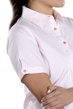 Woman Wearing SwingDish Caitlyn Dusty Pink Stretch Button Up Short Sleeve Product View 3