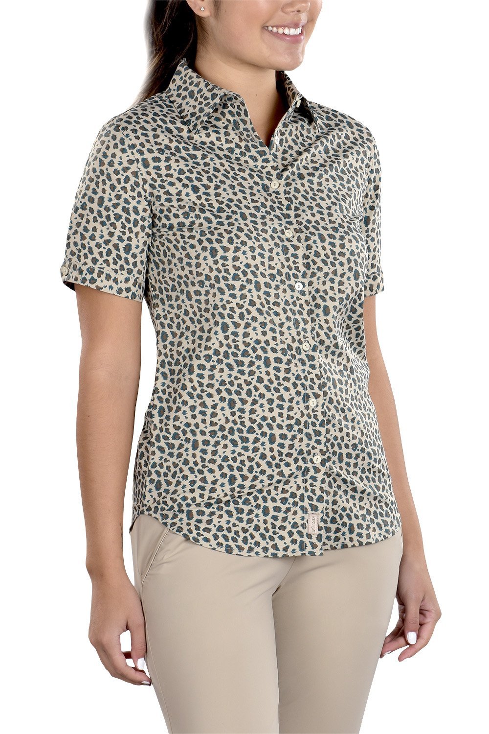 Woman Wearing SwingDish Caitlyn Mini Leopard Button Up Short Sleeve Shirt Product View 4