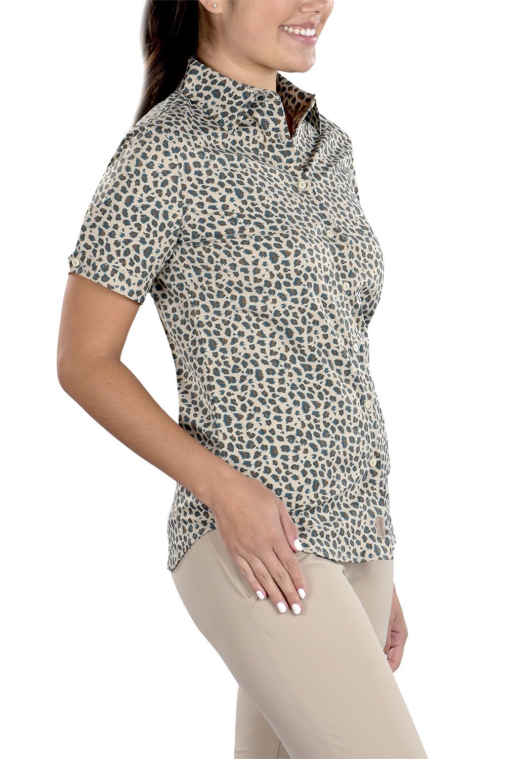 Woman Wearing SwingDish Caitlyn Mini Leopard Button Up Short Sleeve Shirt Product View 3