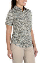 Woman Wearing SwingDish Caitlyn Mini Leopard Button Up Short Sleeve Shirt Product View 1
