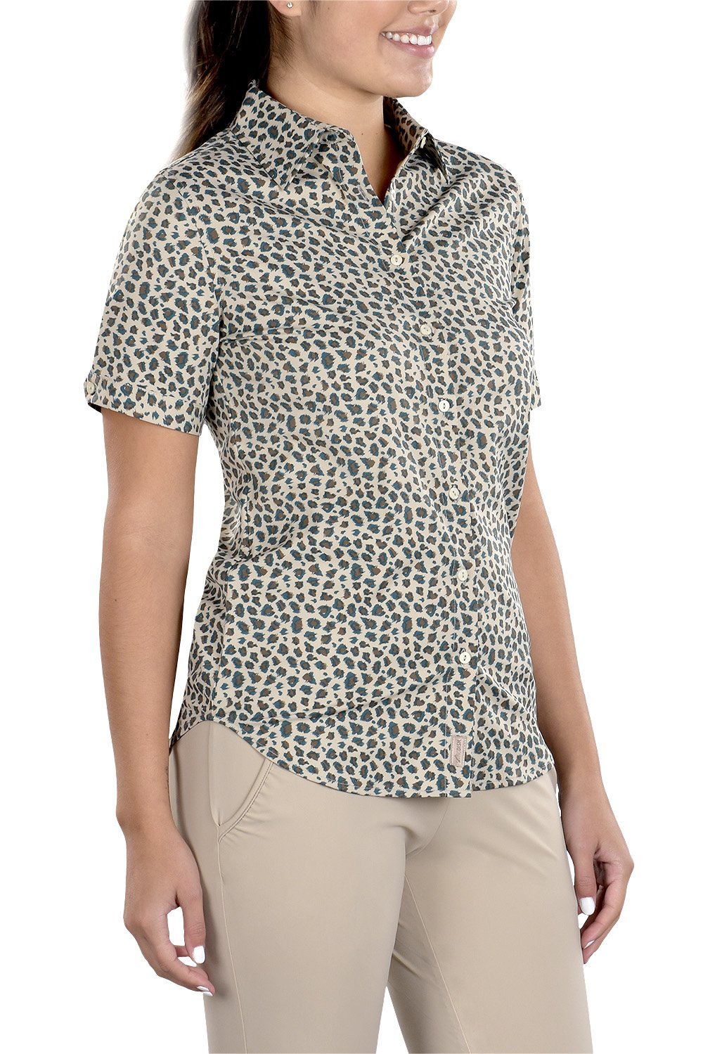 Woman Wearing SwingDish Caitlyn Mini Leopard Button Up Short Sleeve Shirt Product View 1