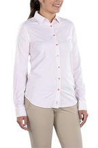 Woman Wearing SwingDish Charlene Dusty Pink Button Up Shirt Product View 1