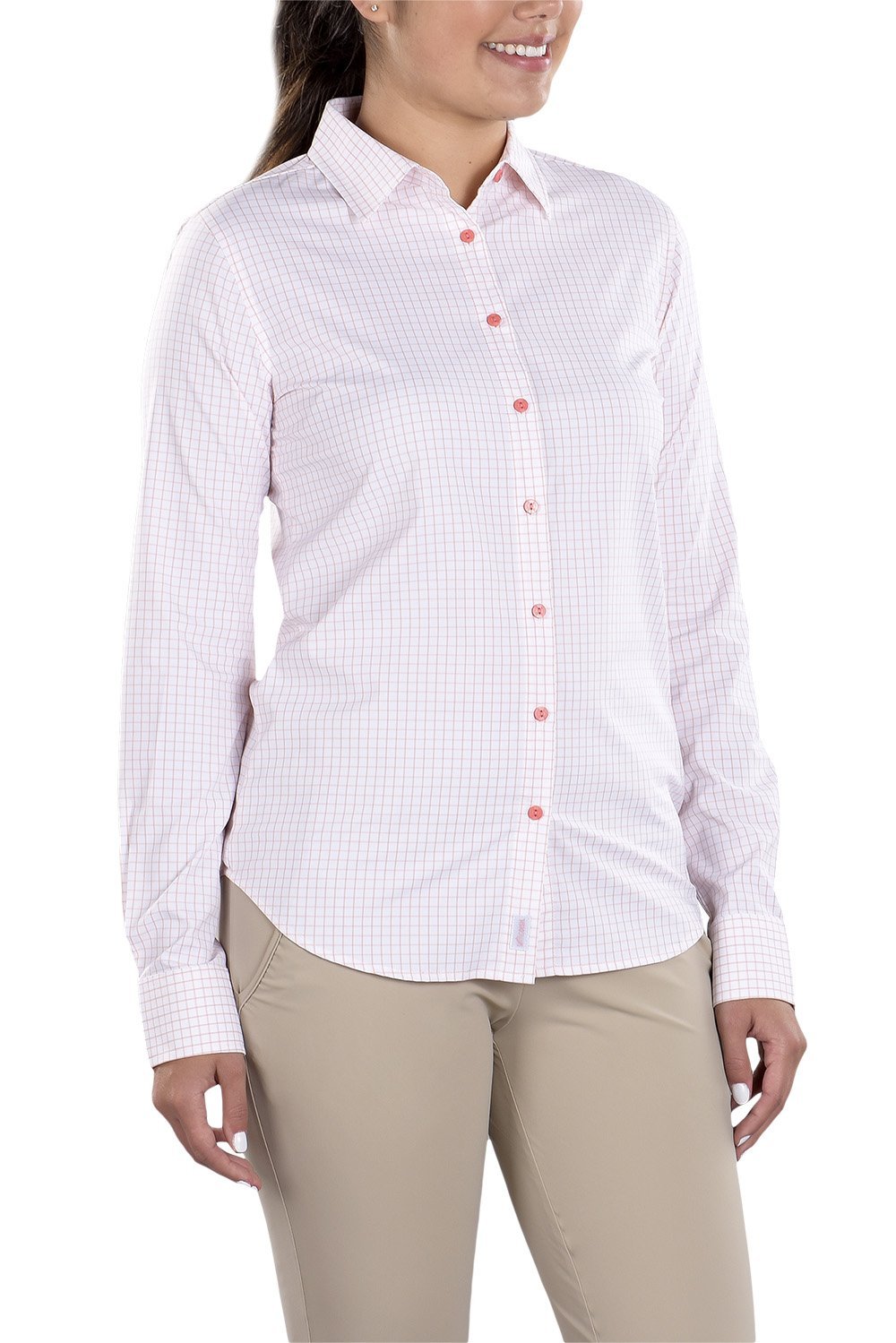 Woman Wearing SwingDish Charlene Dusty Pink Button Up Shirt Product View 1