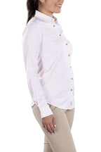 Woman Wearing SwingDish Charlene Dusty Pink Button Up Shirt Product View 3