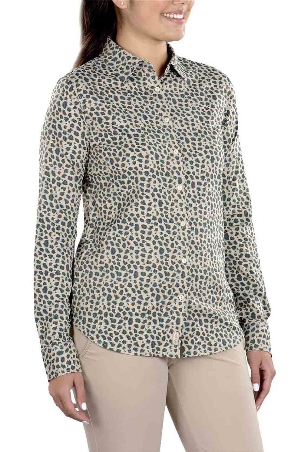 Woman Wearing SwingDish Charlene Mini Leopard Button Up Shirt Product View 1