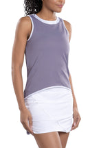 Woman Wearing SwingDish Eliza Tie-Back Tank Top in Secret and White Product View 6