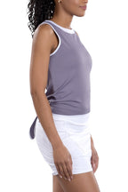 Woman Wearing SwingDish Eliza Tie-Back Tank Top in Secret and White Product View 3