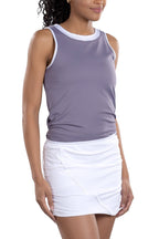 Woman Wearing SwingDish Eliza Tie-Back Tank Top in Secret and White Product View 1