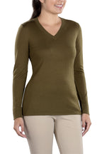 Woman Wearing SwingDish Eve V-Neck Sweater Product View 2