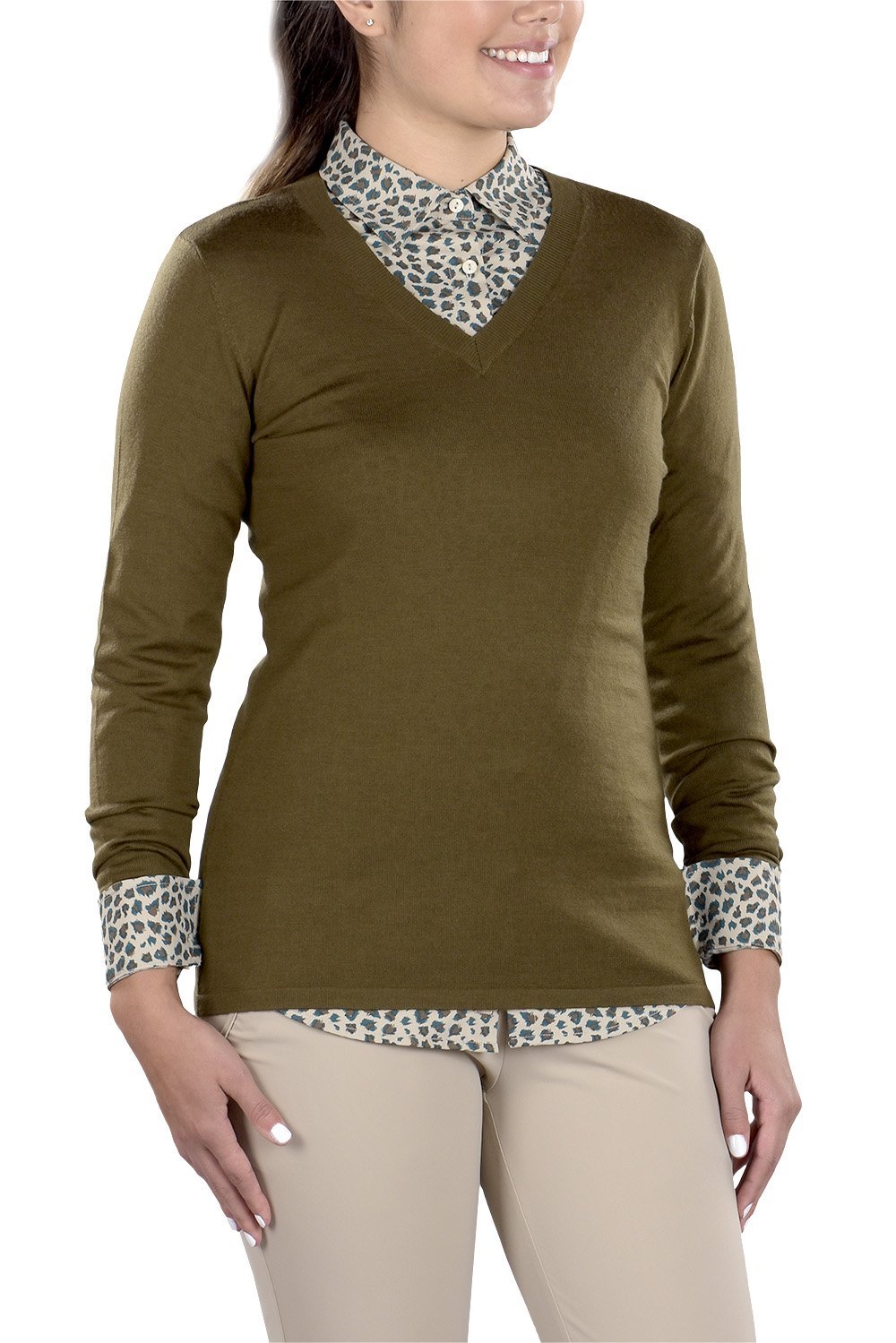 Woman Wearing SwingDish Eve V-Neck Sweater Product View 8