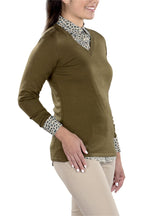 Woman Wearing SwingDish Eve V-Neck Sweater Product View 4
