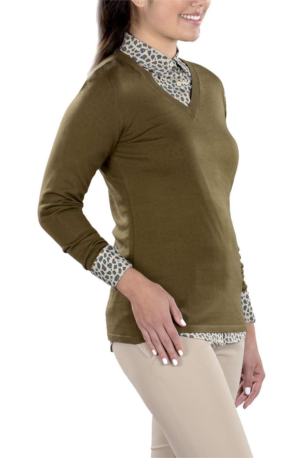 Woman Wearing SwingDish Eve V-Neck Sweater Product View 4