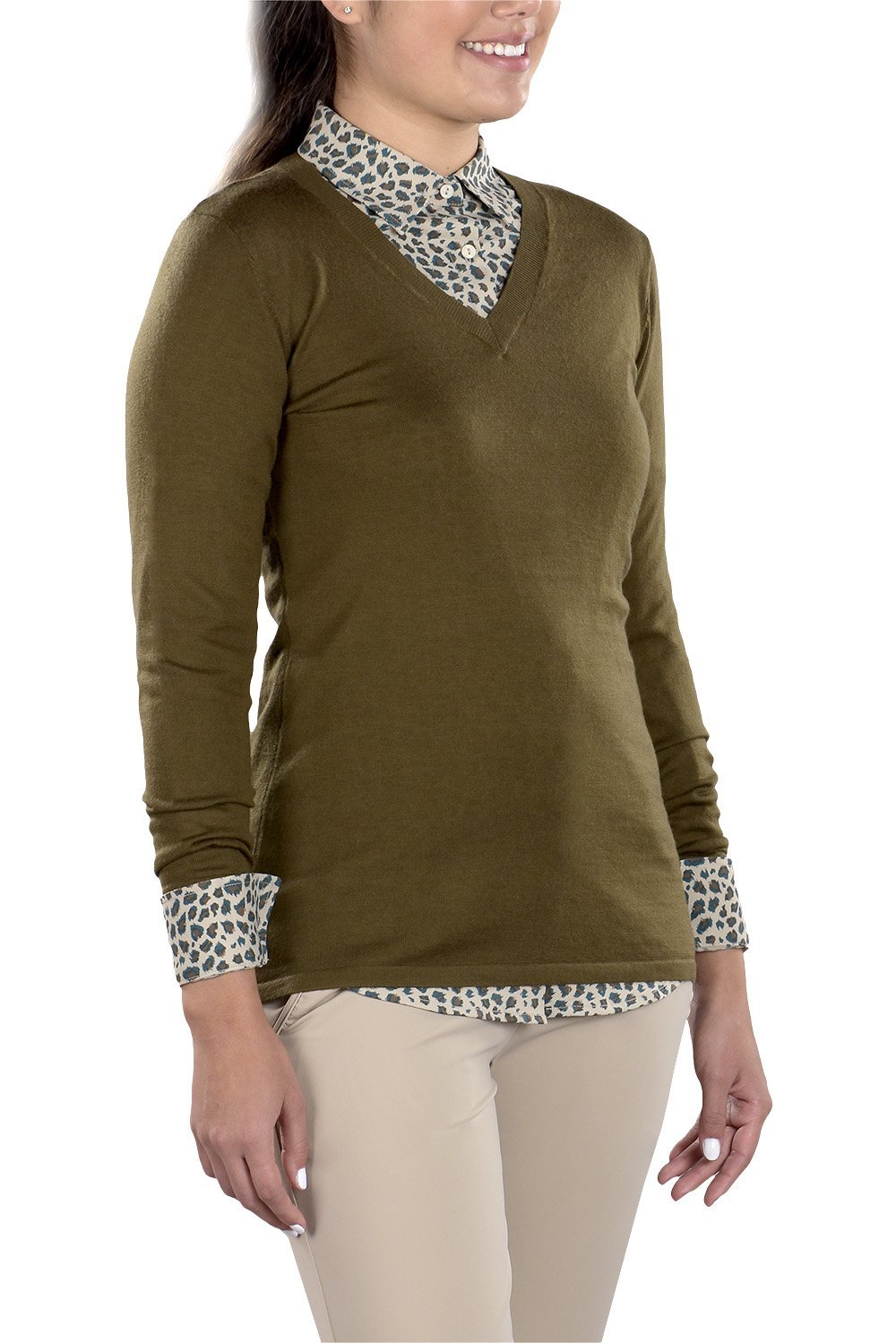 Woman Wearing SwingDish Eve V-Neck Sweater Product View 3