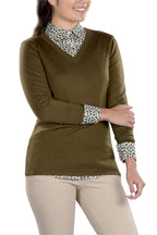 Woman Wearing SwingDish Eve V-Neck Sweater Product View 1