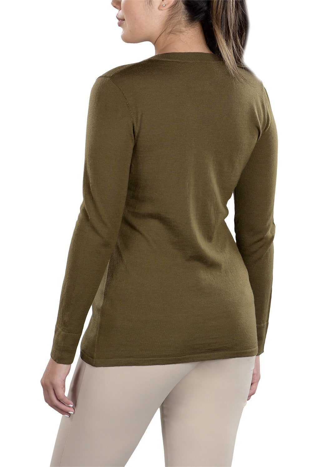Woman Wearing SwingDish Eve V-Neck Sweater Product View 7