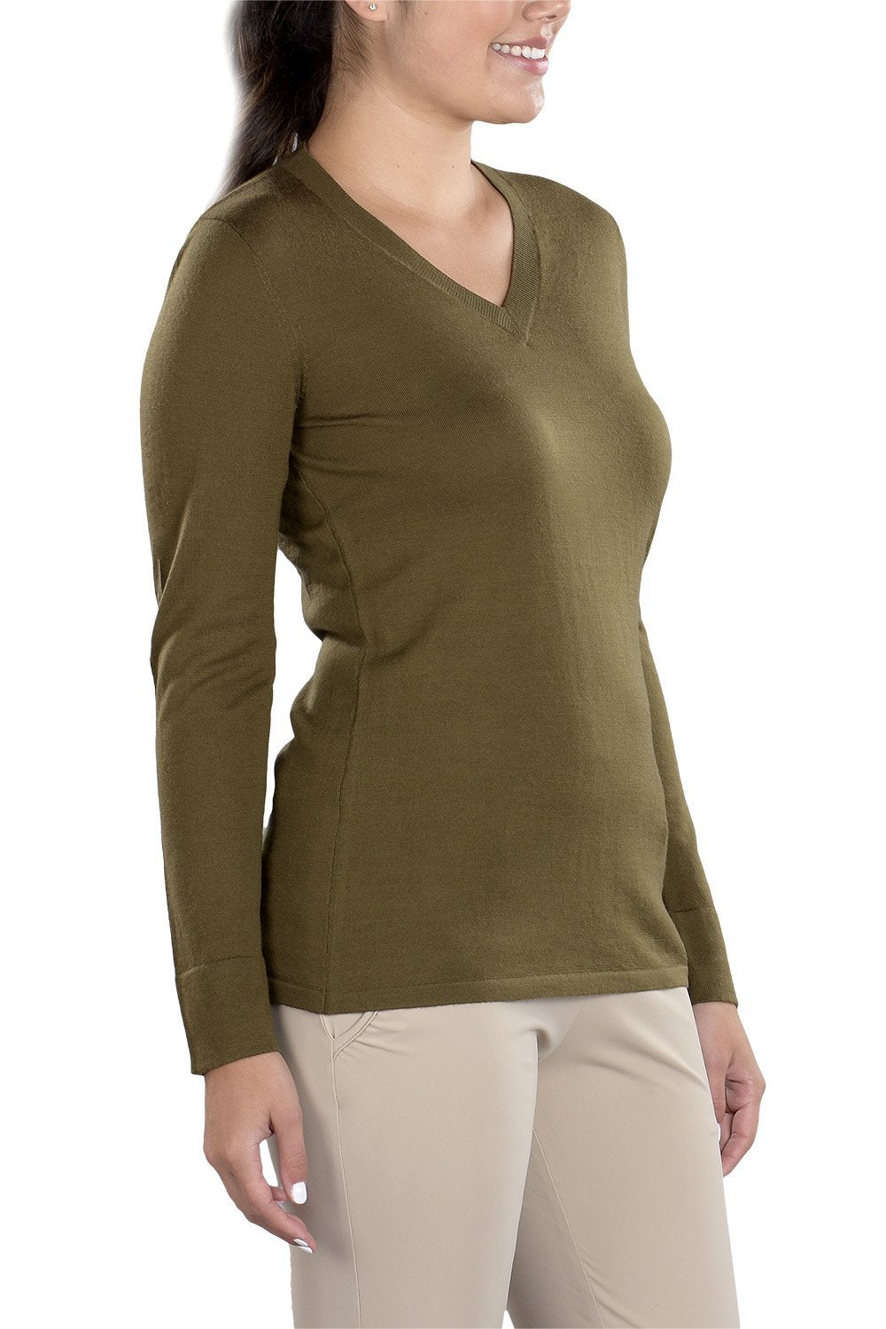 Woman Wearing SwingDish Eve V-Neck Sweater Product View 5