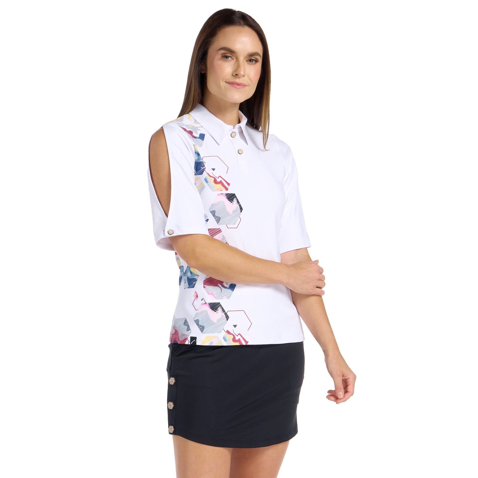 Everleigh White/Print Top - SwingDish Women's Golf and Tennis Top