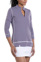 Woman Wearing SwingDish Haley 3/4 Sleeve Top in Secret Product View 1