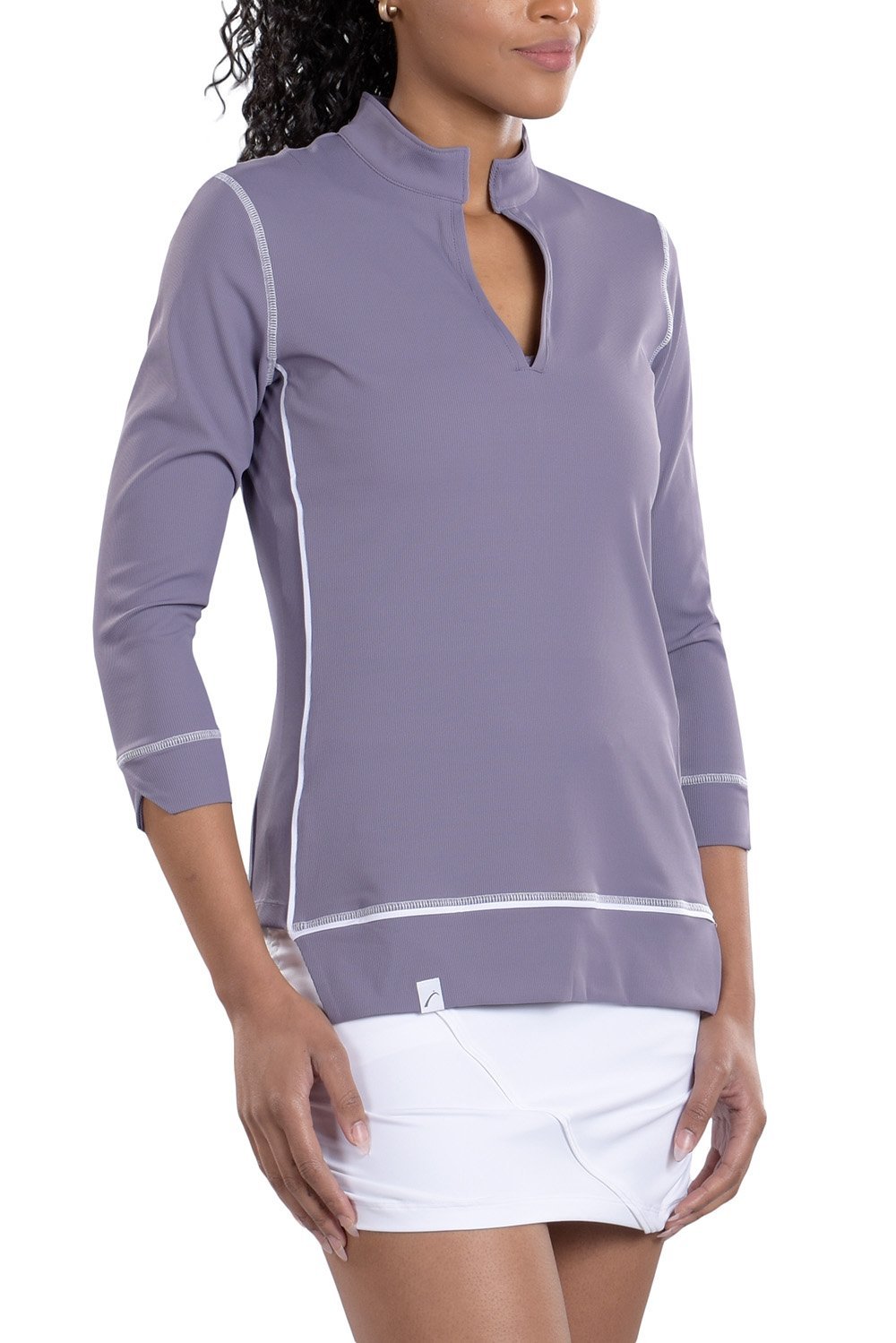 Woman Wearing SwingDish Haley 3/4 Sleeve Top in Secret Product View 1