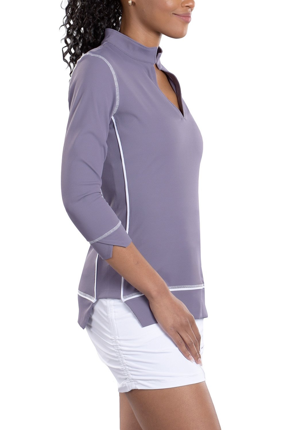 Woman Wearing SwingDish Haley 3/4 Sleeve Top in Secret Product View 3