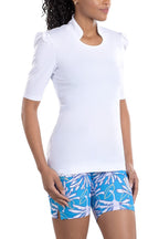 Woman Wearing SwingDish Kali White Mid Sleeve Top Product View 1