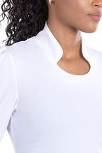 Woman Wearing SwingDish Kali White Mid Sleeve Top Product View 2