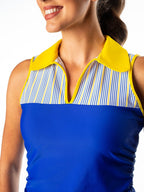 Woman Wearing SwingDish Melissa Blue and Pinstripe Product View 4