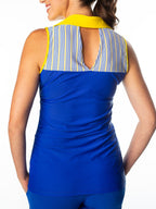 Woman Wearing SwingDish Melissa Blue and Pinstripe Product View 2