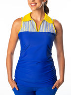 Woman Wearing SwingDish Melissa Blue and Pinstripe Product View 1