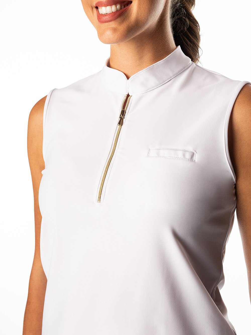 Woman Wearing SwingDish Polly White Sleeveless Polo Product View 4