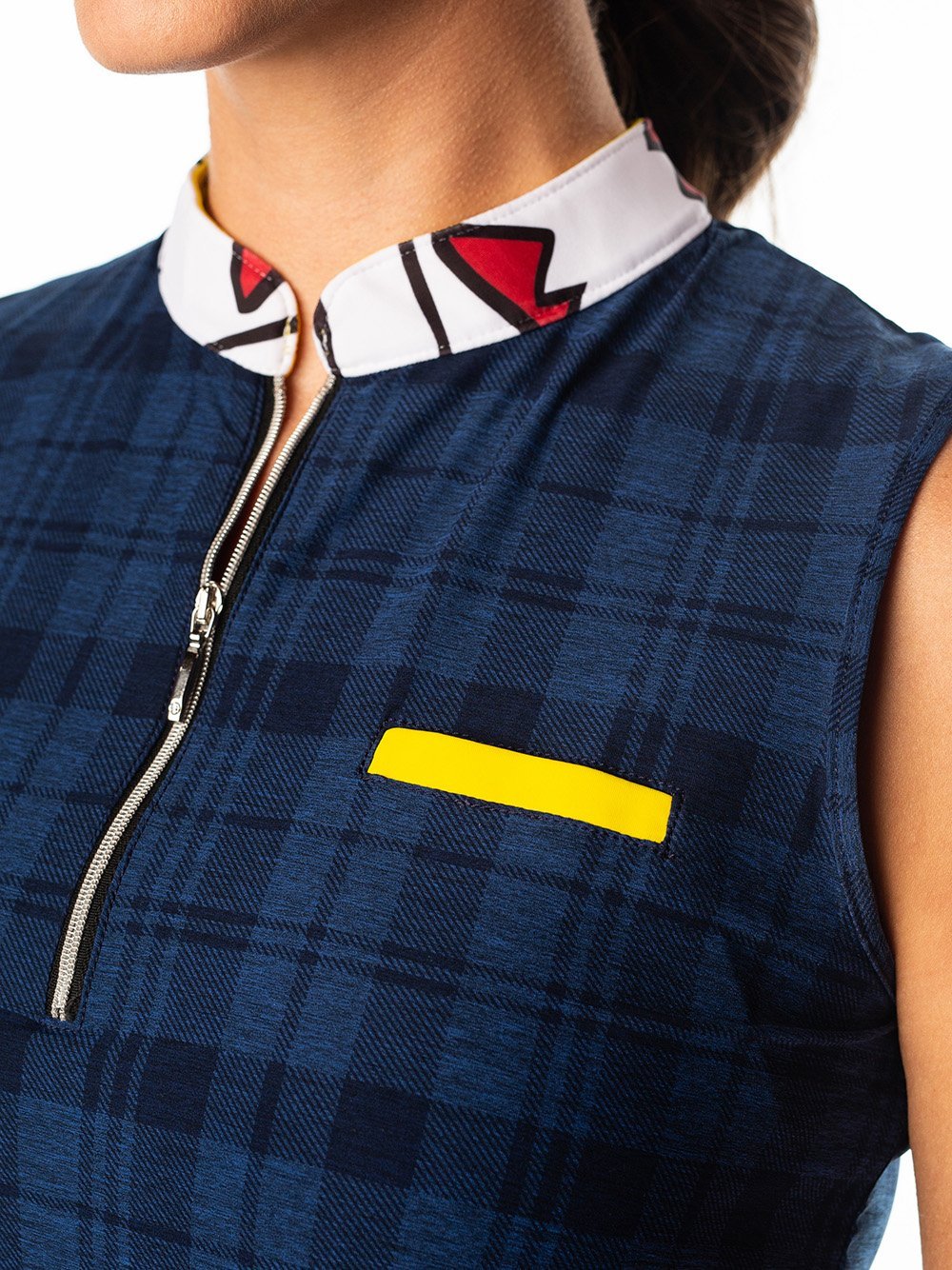 Woman Wearing SwingDish Polly Navy Plaid Sleeveless Polo Product View 3