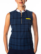 Woman Wearing SwingDish Polly Navy Plaid Sleeveless Polo Product View 1
