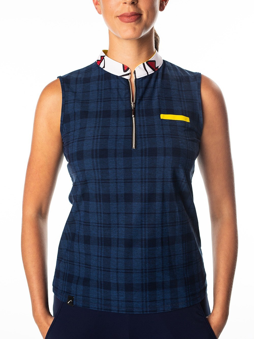 Woman Wearing SwingDish Polly Navy Plaid Sleeveless Polo Product View 1