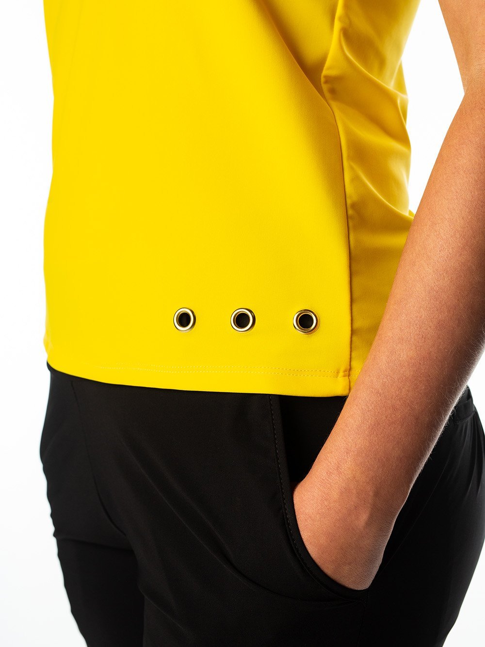 Woman Wearing SwingDish Polly Yellow Sleeveless Polo Product View 3